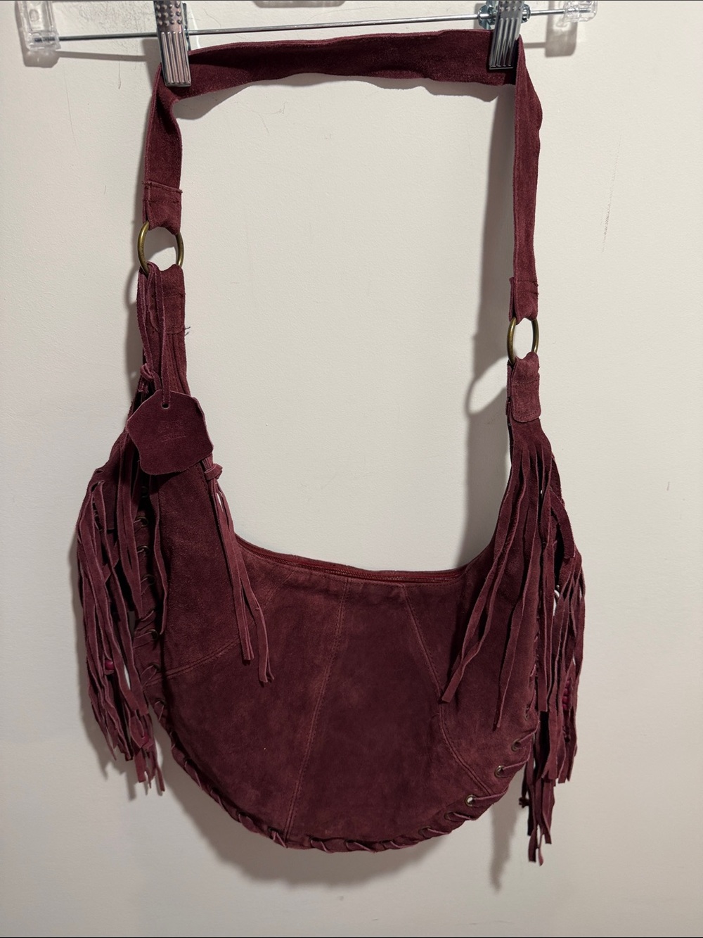 Sorpresa Genuine Leather Suede Fringe Hobo Shoulder Bag in Wine